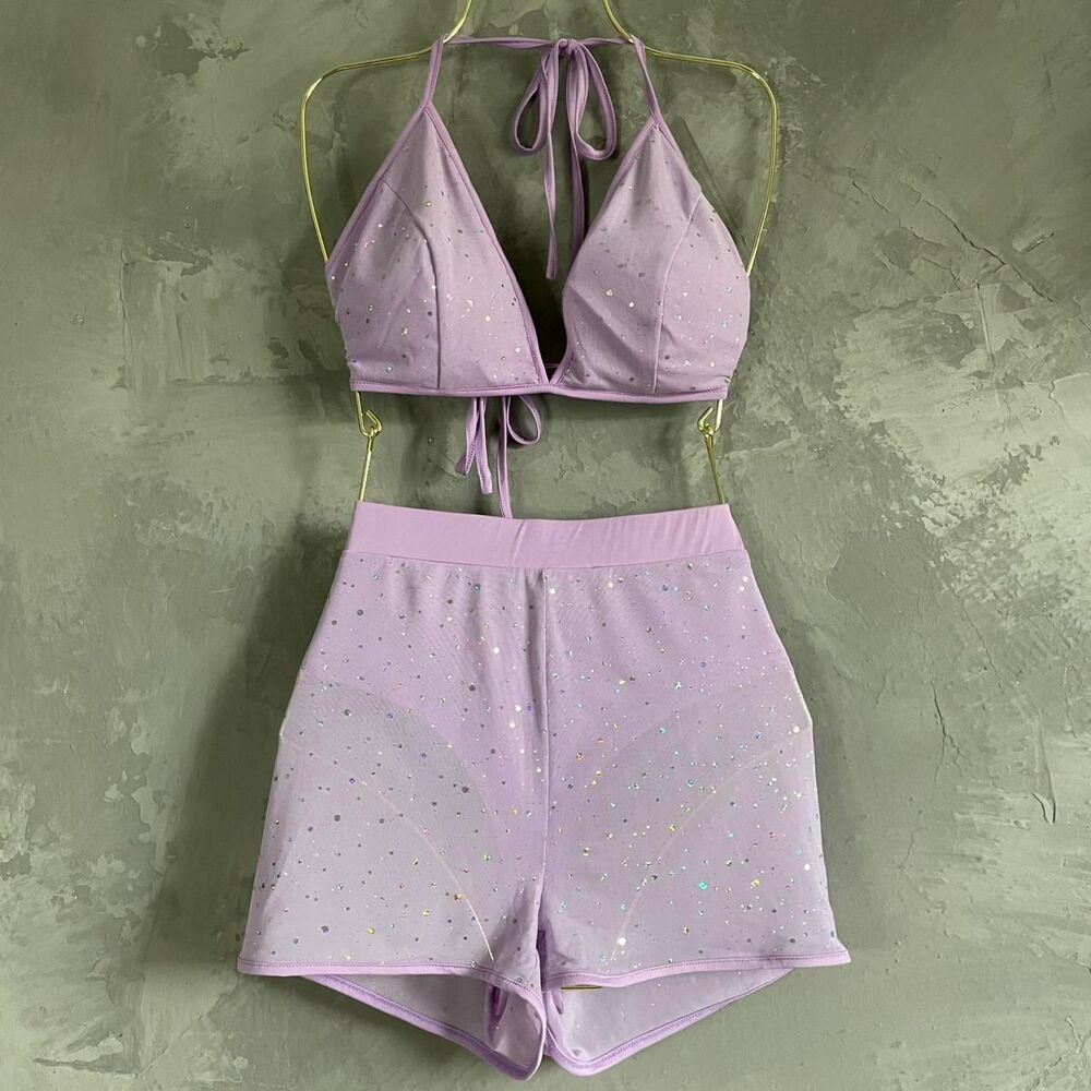 Lavender Glitter Festival Two Piece Set Size Large Rave Y2K